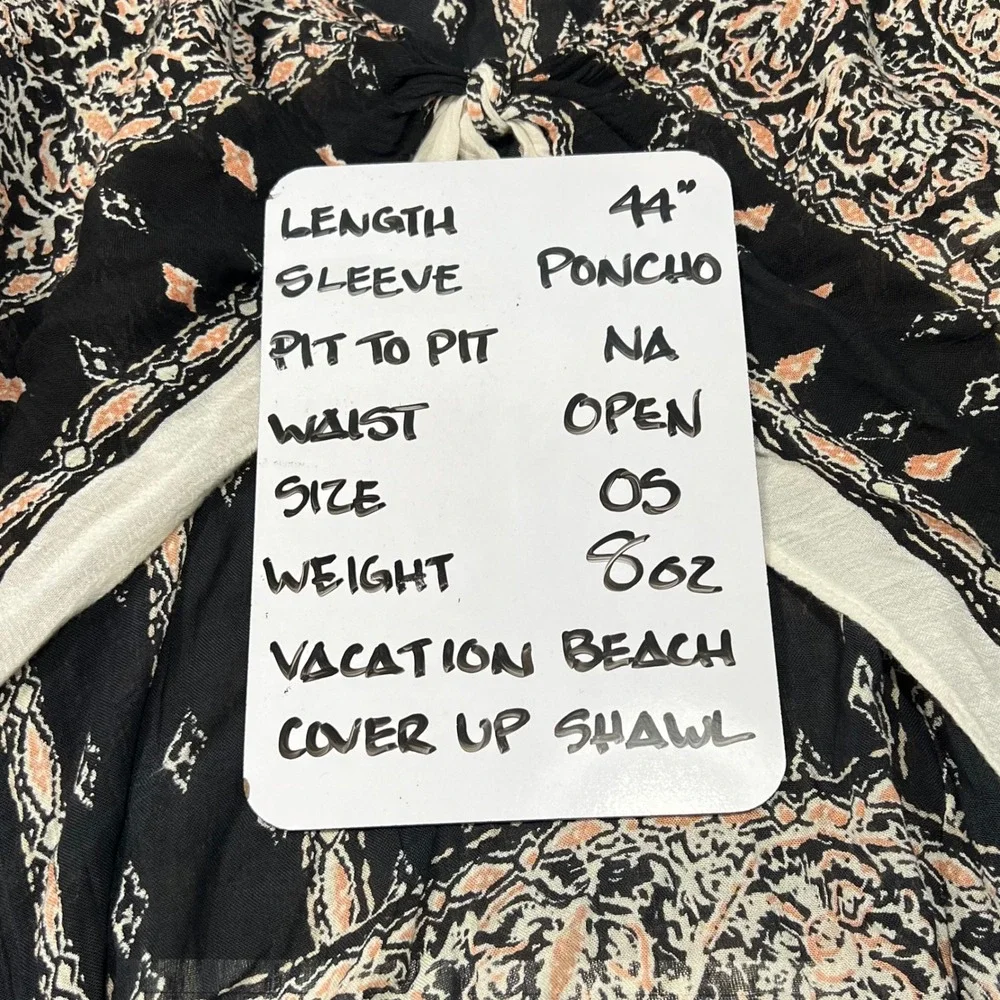 Vince Camuto Black Peach Patterned‎ Tassel Kimono Shawl Poncho Beach Cover Up OS